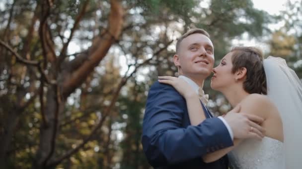 Sposa e sposo posare nel legno — Video Stock