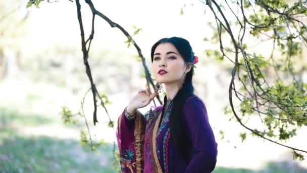 Азіатський молода жінка позувати для фотографа — стокове відео