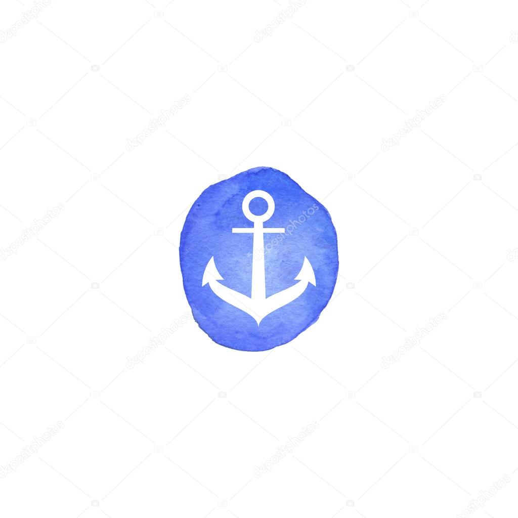 Nautical logo. Anchor on watercolor blue round background.