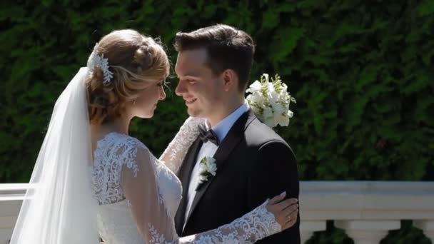 Bride and groom pose to photographer outdoor — Stock Video