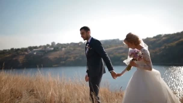 Bride and groom walking near the river — Stock Video