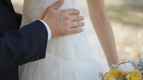 Brudgummen röra sin brud på midjan och höftleds-, närbild — Stockvideo