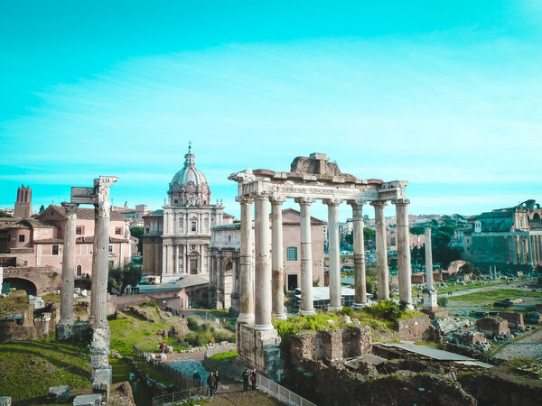 Roman Forum, in the center - columns of Temple  Saturn, followed by Arch  Septimius Severus