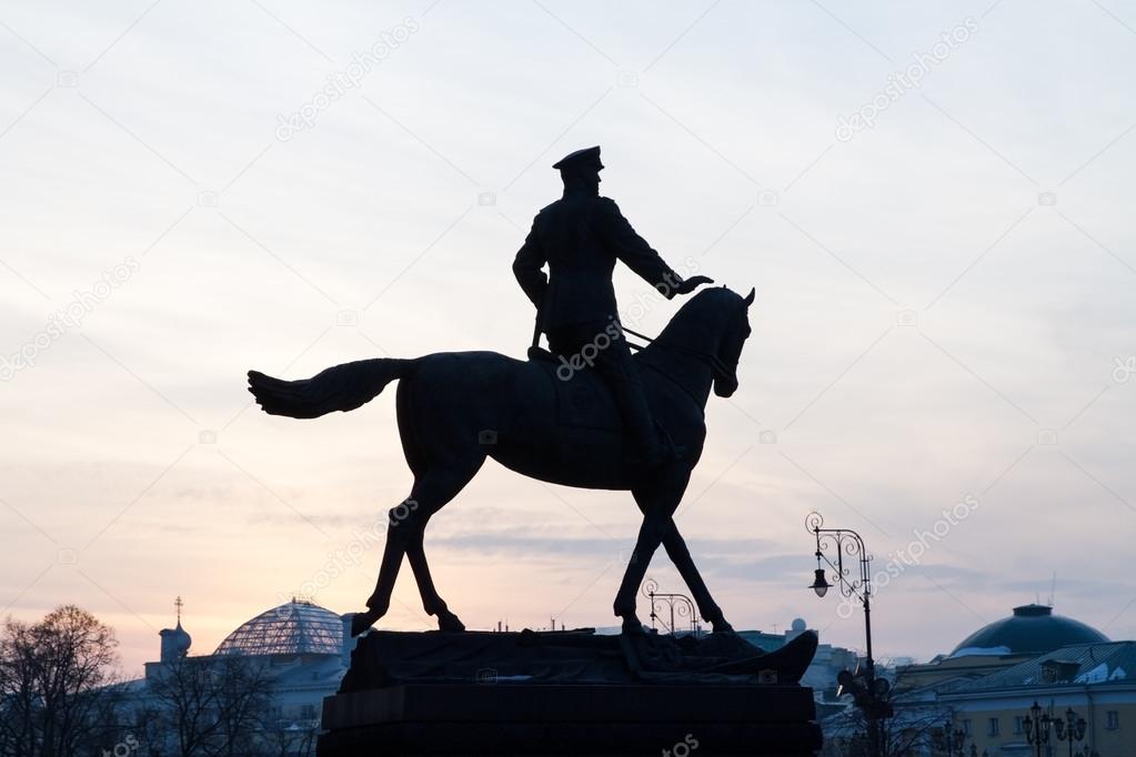 Silhouette commander Georgy Zhukov monument .