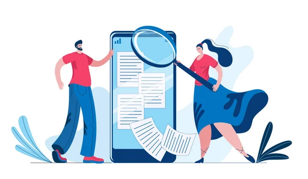 A girl in a long skirt with a large magnifying glass and a young man looking for information in a smartphone. — Stock Vector
