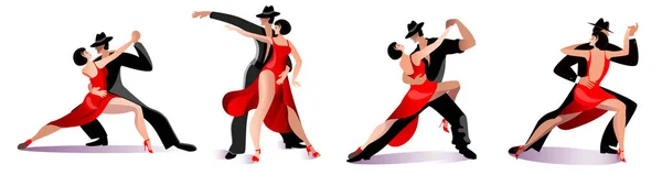 Hermosas parejas bailando tango. Una mujer con un vestido rojo y un hombre con un traje negro y sombrero. — Vector de stock