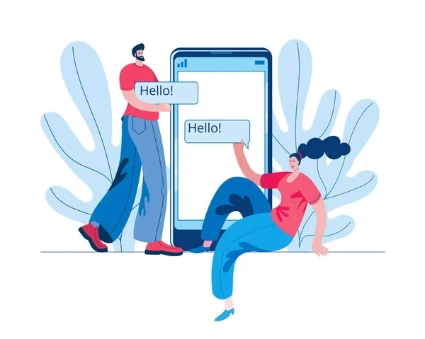 Una ragazza e un giovane scambiano messaggi in un messaggero su uno smartphone. — Vettoriale Stock