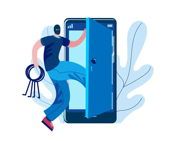 Egy hacker zártörőkkel a kezében belép egy feltört mobiltelefonba.. — Stock Vector