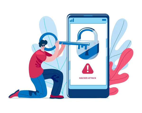 The man opens the virtual lock on the phone. — Stock Vector
