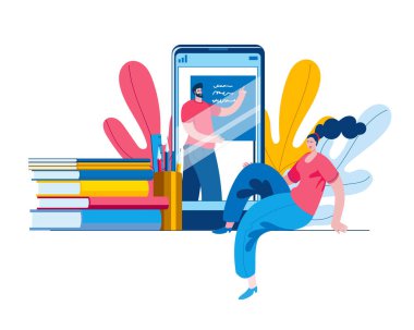 Kız akıllı telefonun başında oturmuş video dersi izliyor..