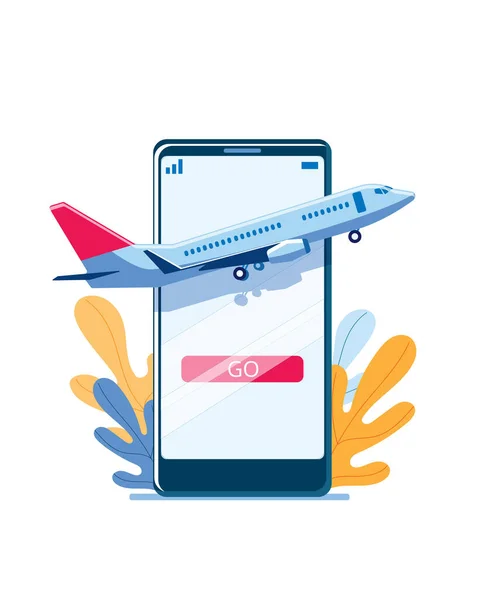 The plane takes off against the background of a smartphone. — Stock Vector