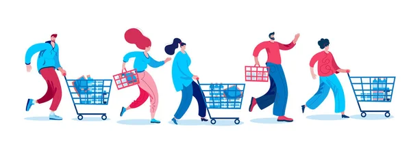 Set di persone con carrelli shopping al supermercato. — Vettoriale Stock