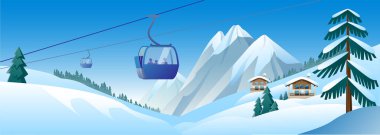 Bir dağ kış manzarasının arka planında bir füniküler görüntü.