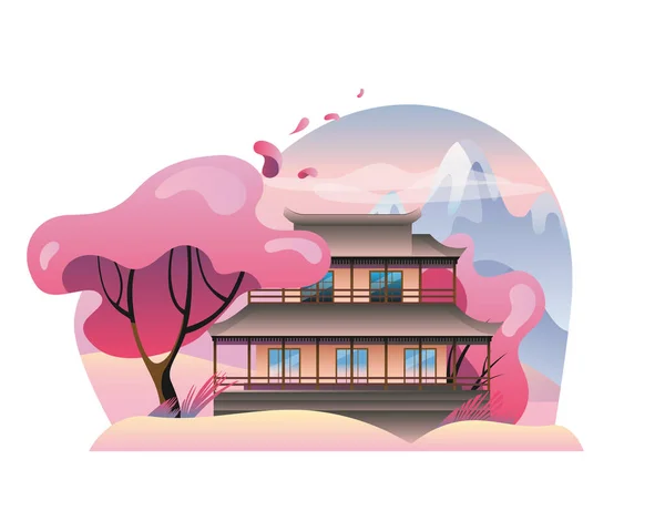 Casa de estilo oriental en el fondo de un paisaje de montaña. — Vector de stock