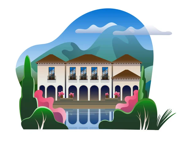 Villa de lujo con piscina en el fondo de un paisaje de montaña. — Vector de stock