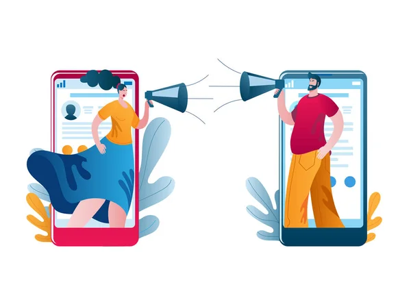 Une femme et un homme utilisent leur téléphone pour se crier dessus à travers un mégaphone. — Image vectorielle