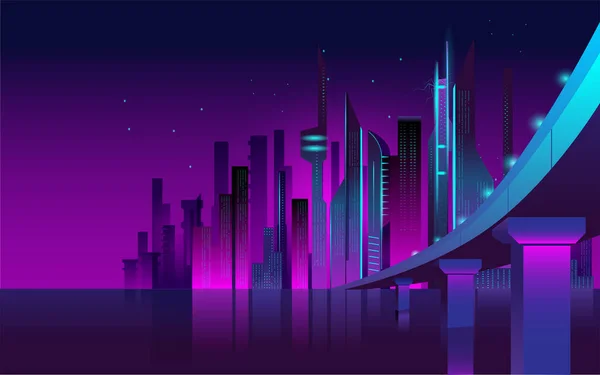 Fantastic kota dalam gaya cyberpunk. Pemandangan industri modern dengan overpass dalam warna neon. - Stok Vektor