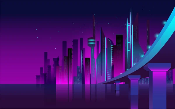 Cidade fantástica no estilo do cyberpunk. Paisagem industrial moderna com passagens superiores em cores de néon. — Vetor de Stock