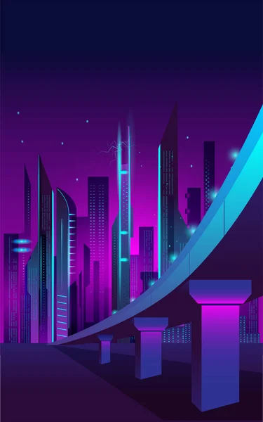 Fantastische stad in de stijl van cyberpunk. Modern industrieel landschap met viaducten in neon kleuren. — Stockvector