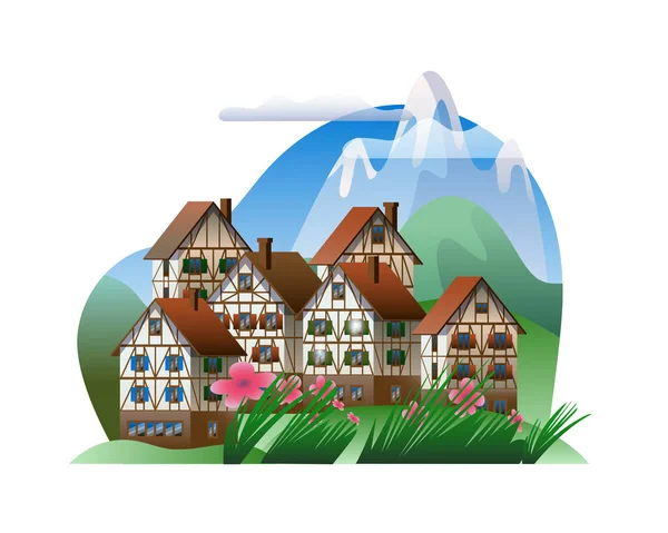 Paisaje de montaña de primavera con casas de entramado de madera. — Vector de stock
