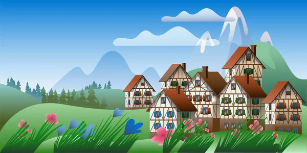 Paisaje de montaña de primavera con casas de entramado de madera. — Vector de stock