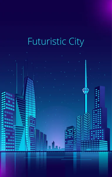 Fantastische stad in de stijl van cyberpunk. Nachtstad van de toekomst. — Stockvector