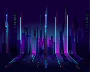 Neon Sokak Şehri. Siber punk tarzında soyut bir arka plan. Geleceğin gece şehri.