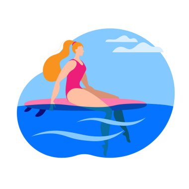 Sörf tahtasında oturan bir kız dalgayı bekliyor..