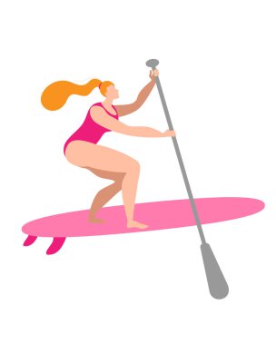 Mayolu ve kürekli bir kız sörf tahtasının üzerinde duruyor..