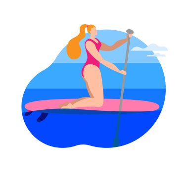 Mayolu ve kürekli bir kız sörf tahtasının üzerinde duruyor..