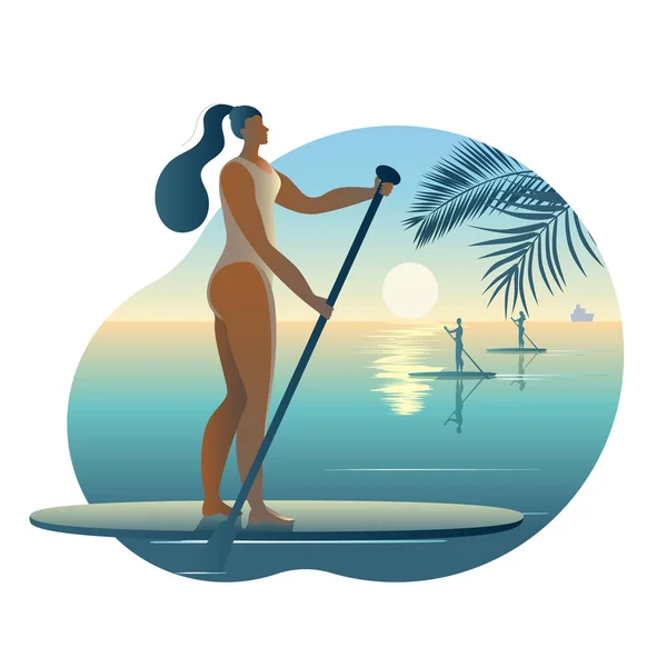 Une fille en maillot de bain avec une pagaie se tient sur une planche de surf. — Image vectorielle