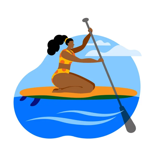 Ein Mädchen im Badeanzug mit Paddel sitzt auf einem Surfbrett. — Stockvektor