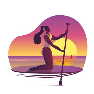 Mayolu ve kürekli bir kız sörf tahtasına oturur..