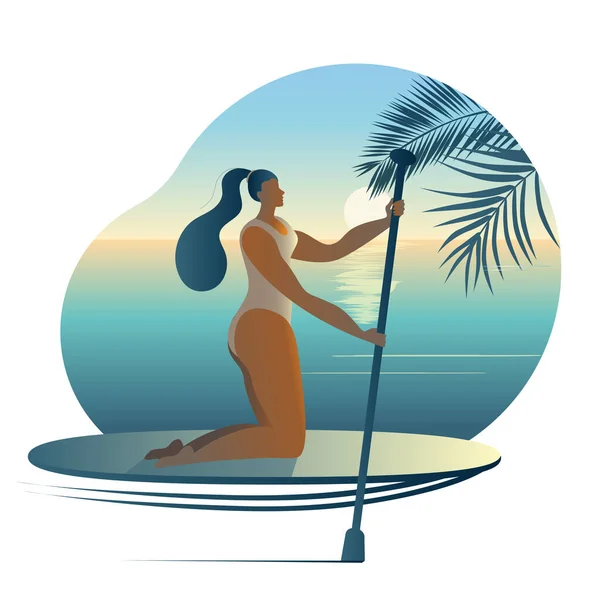 Ein Mädchen im Badeanzug mit Paddel sitzt auf einem Surfbrett. — Stockvektor