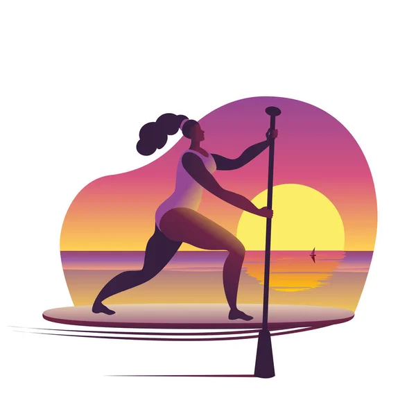 Ein Mädchen im Badeanzug mit Paddel steht auf einem Surfbrett. — Stockvektor