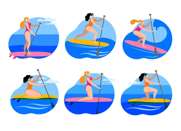 Une fille en maillot de bain avec une pagaie se tient sur une planche de surf. — Image vectorielle