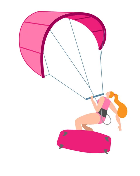 Seorang gadis di papan adalah terlibat dalam kitesurfing. - Stok Vektor