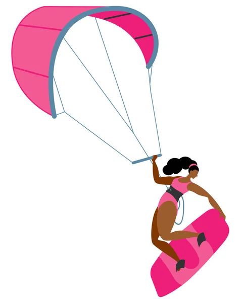 Ein Mädchen auf einem Brett ist mit Kitesurfen beschäftigt. — Stockvektor