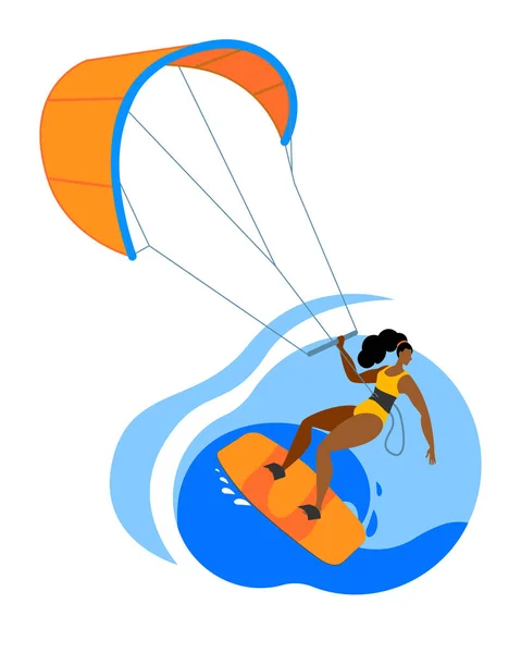 Una chica en una tabla se dedica al kitesurf. — Vector de stock