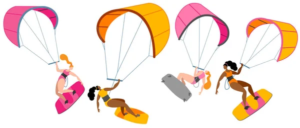 En tjej på en bräda är engagerad i kitesurfing. — Stock vektor