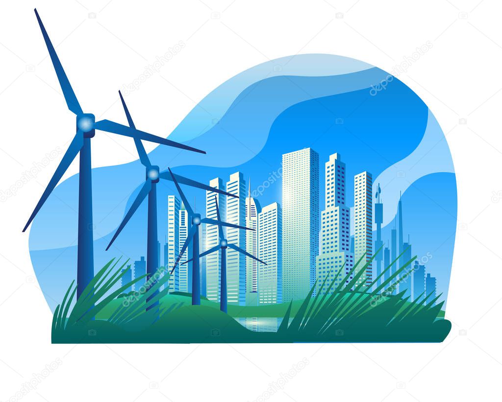 A modern city with wind power generators.