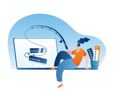 Maskeli bir kız dizüstü bilgisayarda oturur ve kullanıcıların şifrelerini kancayla yakalar..