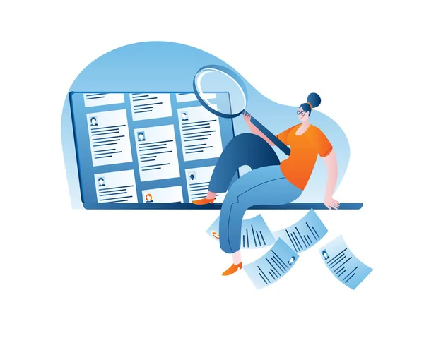 HR Manager uses a magnifying glass to view various resumes. — Stock Vector