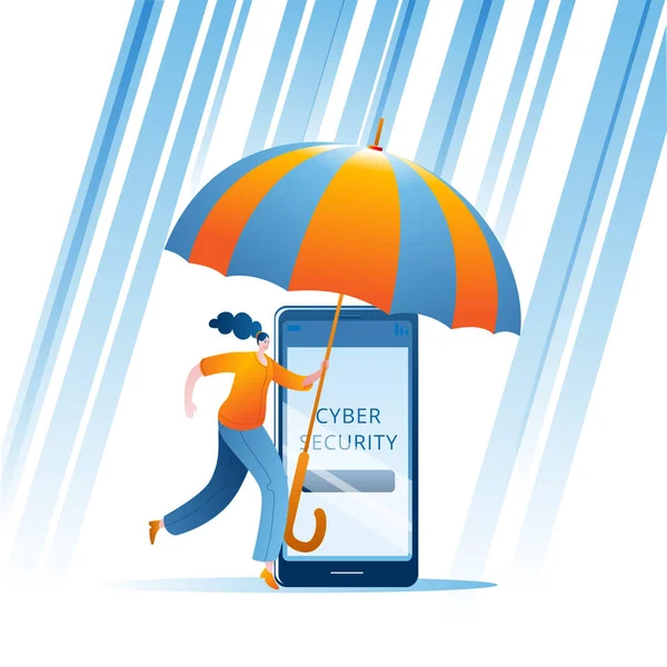 우산을 든 소녀가 해커의 공격으로부터 휴대 전화를 보호 한다. — 스톡 벡터