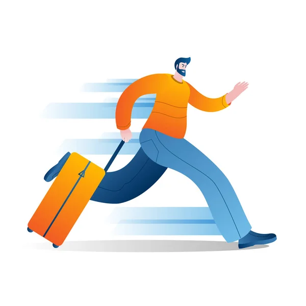 The passenger with the suitcase runs fast. — Stock Vector