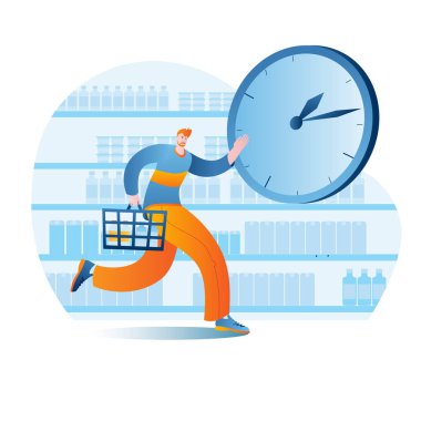 Elinde alışveriş sepeti olan genç bir adam süpermarkette raflarda koşuyor..