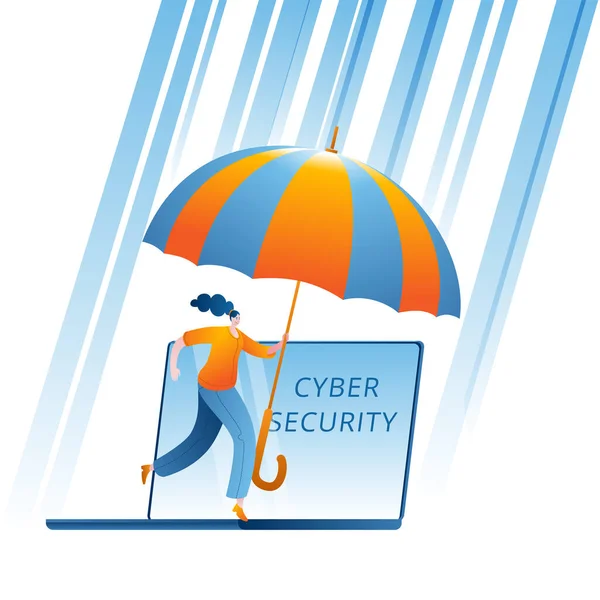 우산을 든 소녀가 해커의 공격으로부터 노트북을 보호 한다. — 스톡 벡터