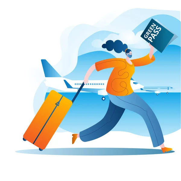 Un pasajero enmascarado con una maleta y un pasaporte de vacunación corre al avión. — Vector de stock