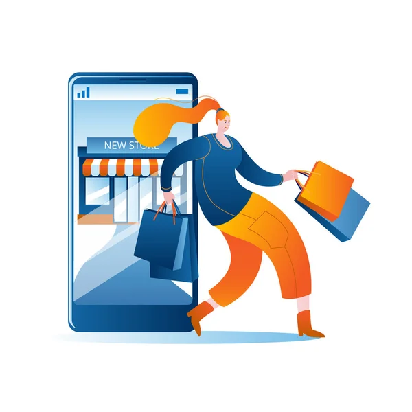 Uma mulher com roupas modernas sai com compras de uma loja online em um smartphone. —  Vetores de Stock