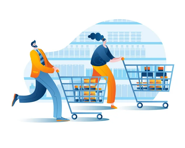 Personaggi con carrelli fanno shopping al supermercato. — Vettoriale Stock